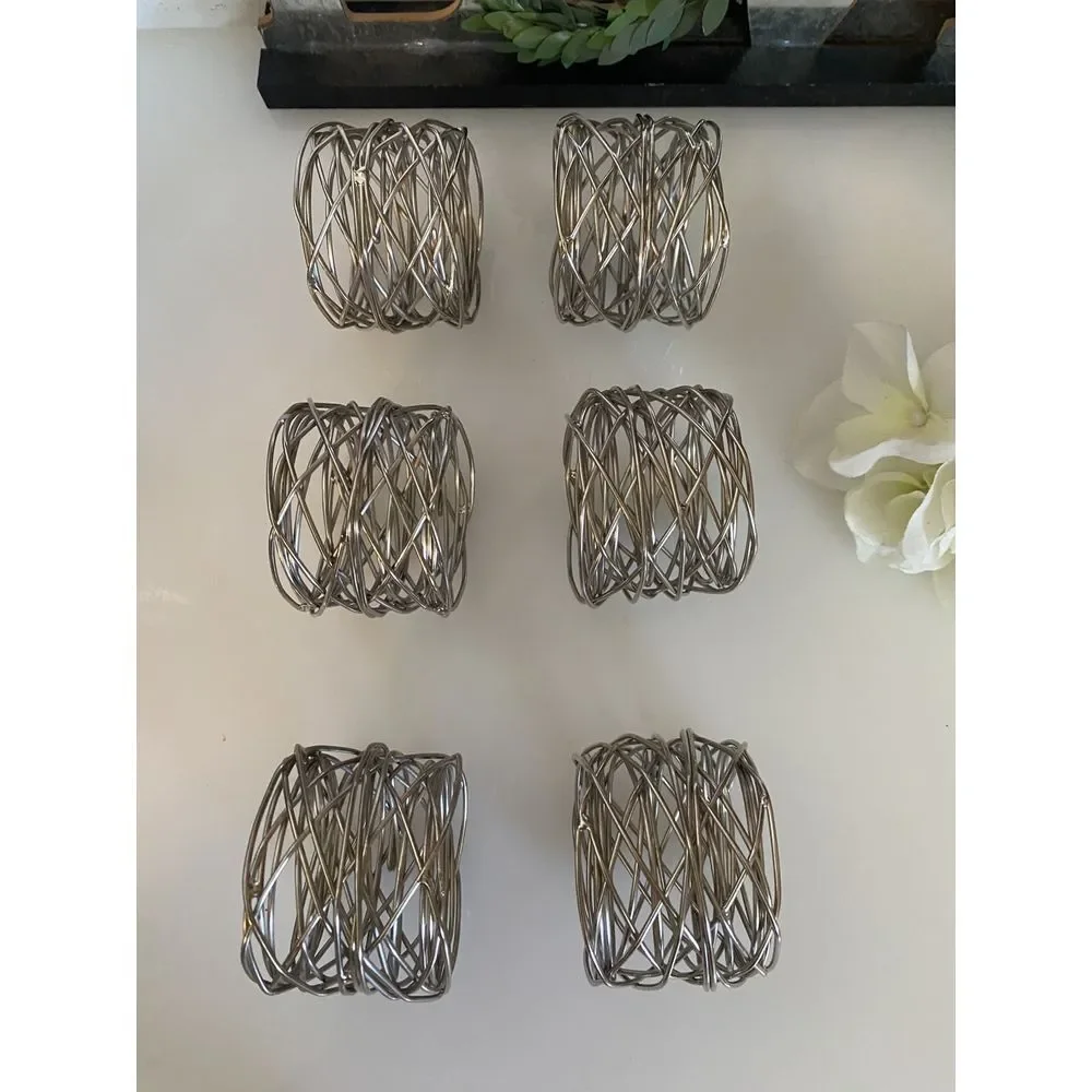 Ukal Set‎ of 6 Handmade Silver Tone Round Mesh Napkin Rings Holder Dinning Party